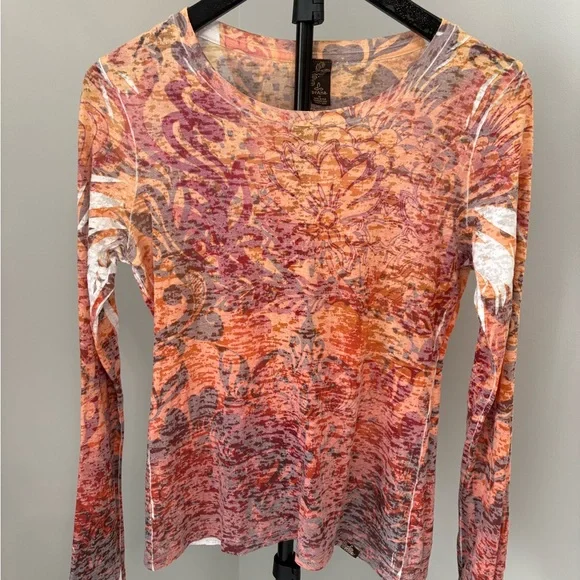 Prana Lottie Burnout Long Sleeve Top - Multi Pink Orange Boho Graphic Size M - Picture 2 of 6